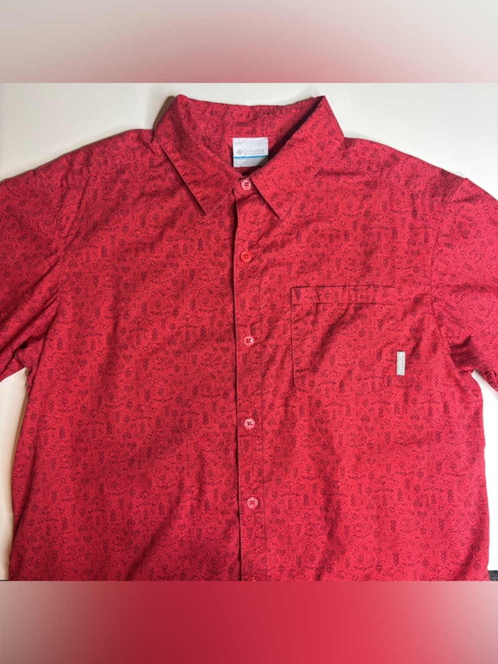 Columbia Camping Print Button Up Mens M Red Outdoor Hiking Shirt